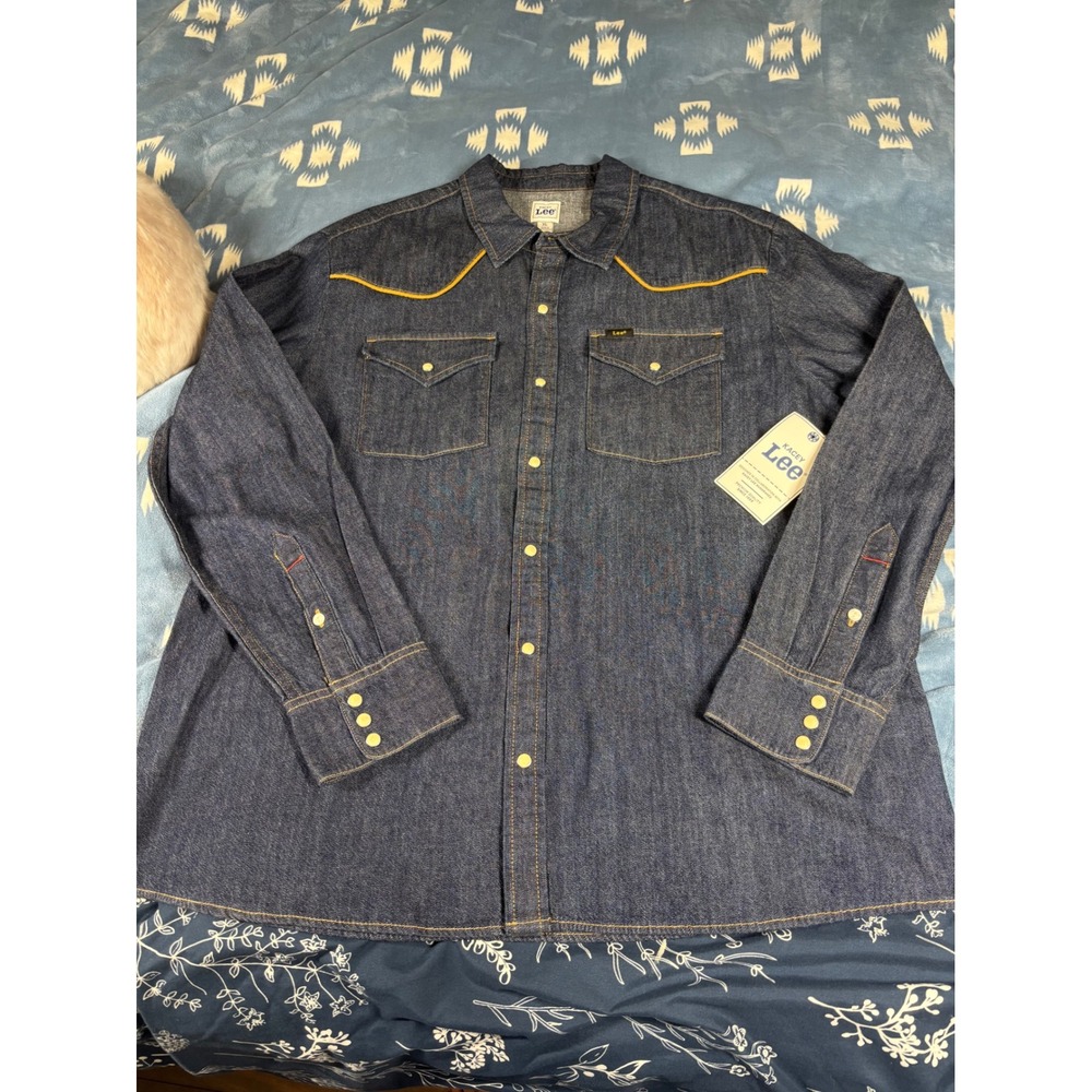 Lee x Kacey Musgraves Mens XL Denim Western Shirt Dark Wash Yellow Piping New
